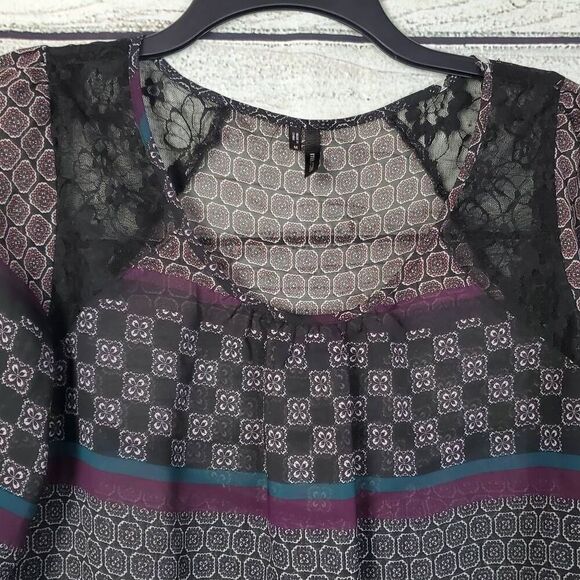 Maurices Women’s Boho Sheer Blouse Size M Long Sleeve Lace Yoke Mixed Print Peas - Picture 2 of 9